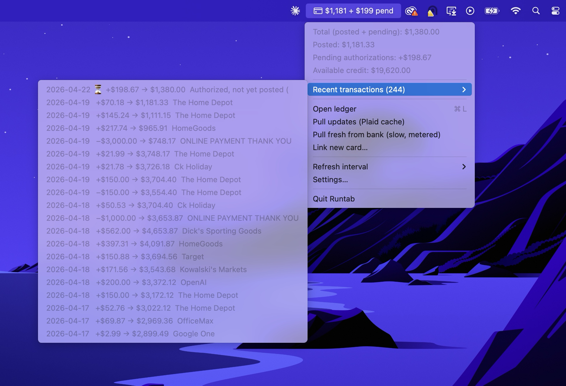Runtab menu bar dropdown showing total breakdown and recent transactions