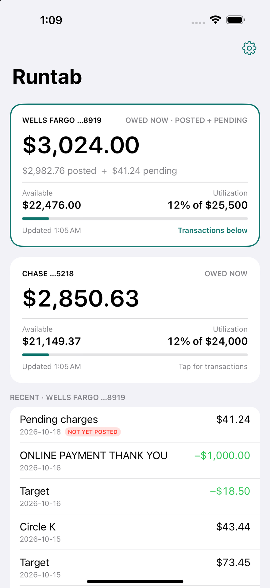 The Runtab app: each card with its own owed-now figure, posted plus pending, available credit, utilization and transactions