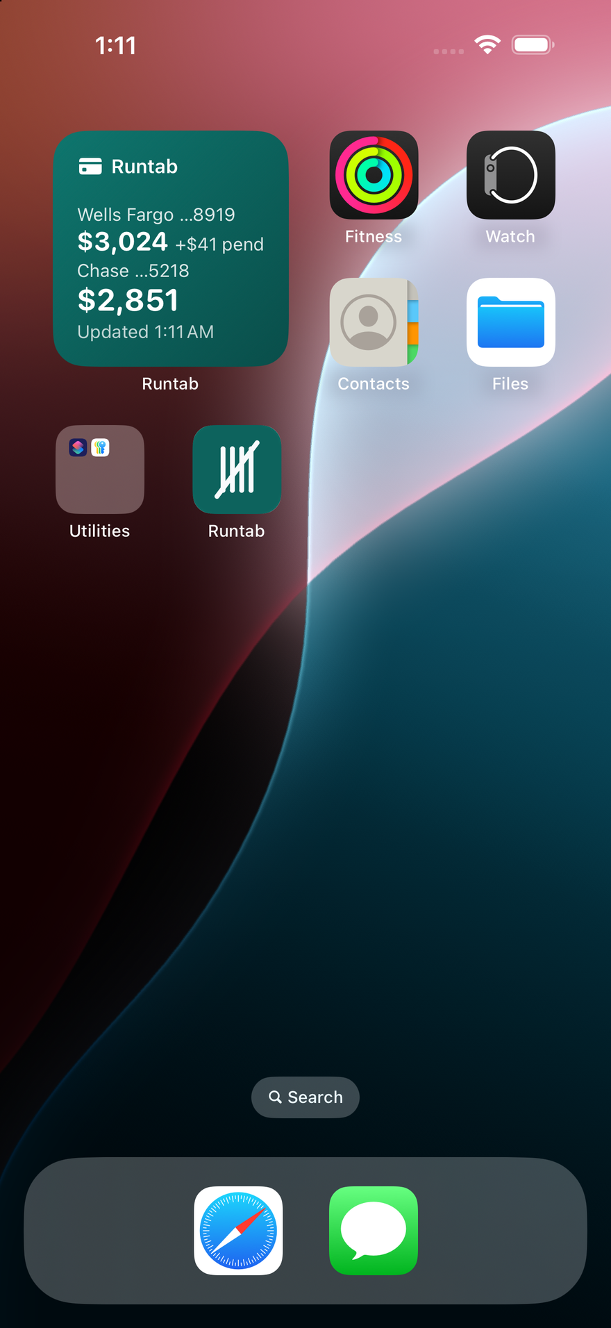 iPhone Home Screen with the Runtab widget, one line per card