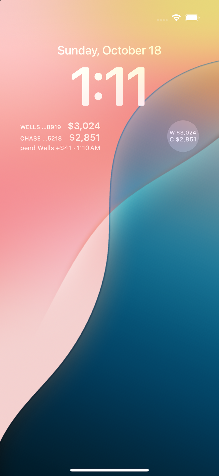 iPhone Lock Screen with Runtab widgets listing each card's balance