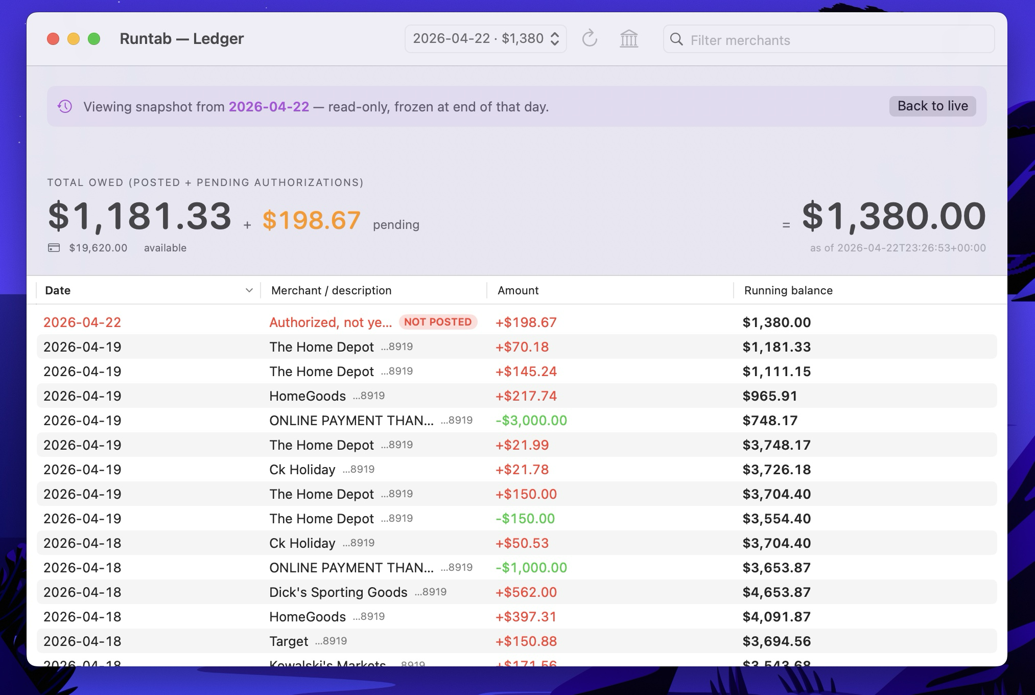 Runtab ledger window with transaction list and running balances