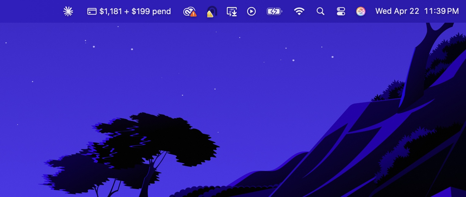 The Runtab balance at the top of a Mac screen: $1,181 + $199 pend